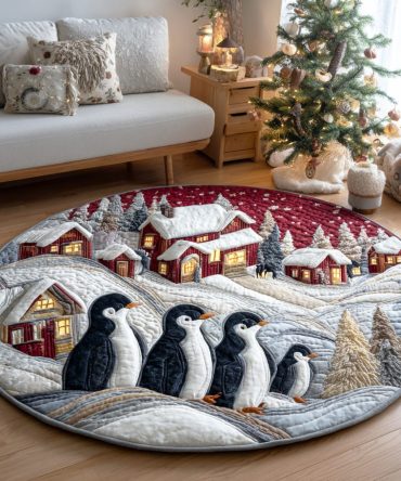 Winter Penguin Parade Quilted Round Mat