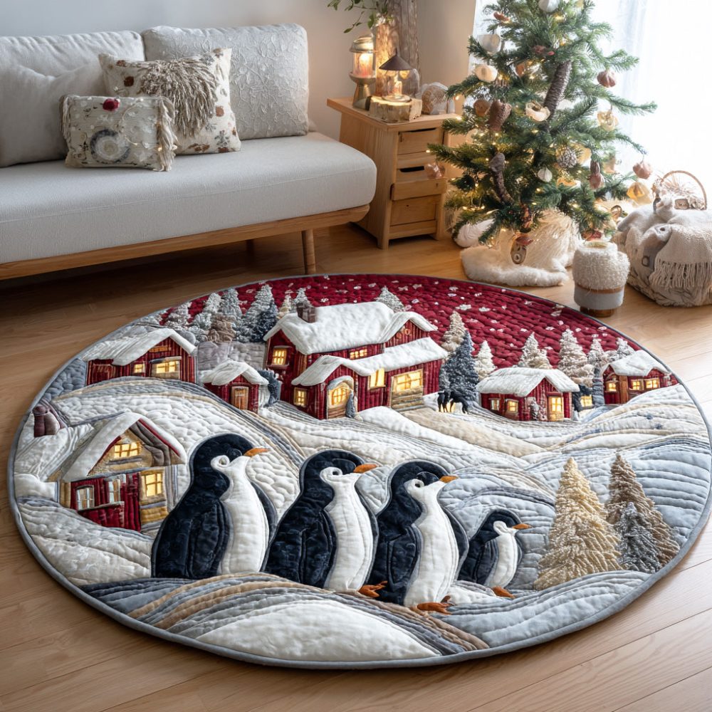 Winter Penguin Parade Quilted Round Mat