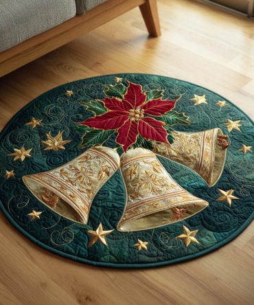 Winter Poinsettia Bells Quilted Round Mat