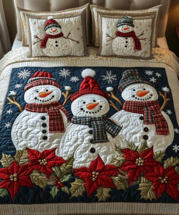 Wintery Snowman Cheer 3-Piece Quilted Bedding Set
