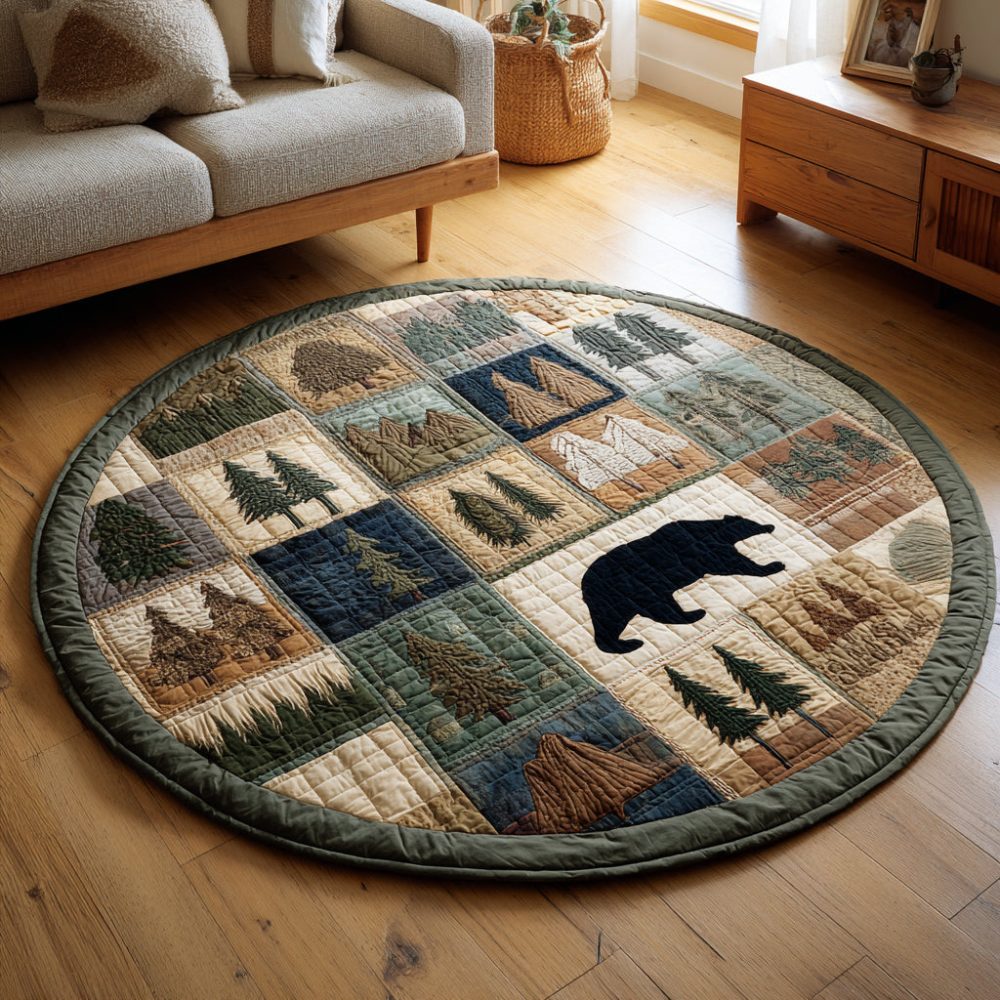 Woodland Block Bear Quilted Round Mat