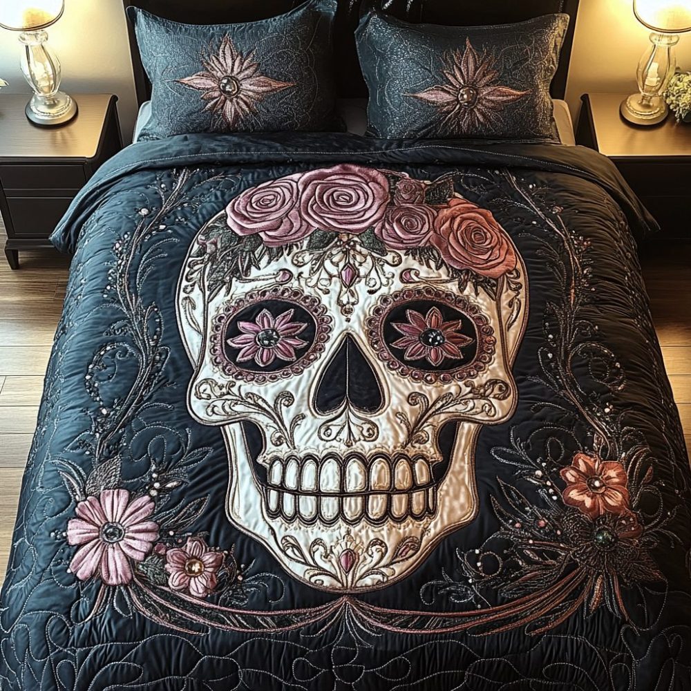 Whimsical Skull 3-Piece Quilted Bedding Set