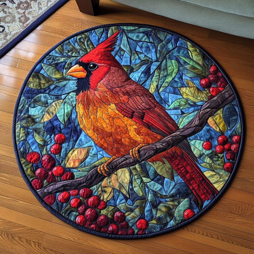 Stained Glass Cardinal Quilted Round Mat