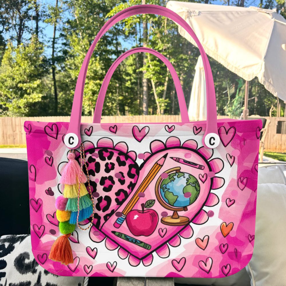 Vibrant Pink Heart Tote Bag - Leopard Print & School Icons - Perfect For Teachers & Students! - Image 6
