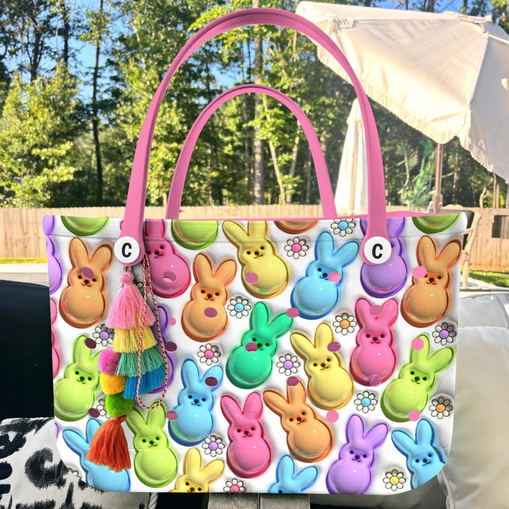 Colorful Bunny Tote Bag – Cute & Spacious Easter-Themed Handbag With Pink Handles - Image 5