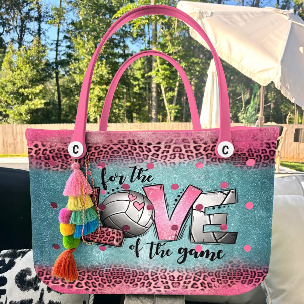 Volleyball Lover'S Tote Bag - Stylish Pink & Teal Leopard Print With Heart Design - Perfect For Game Day! - Image 5