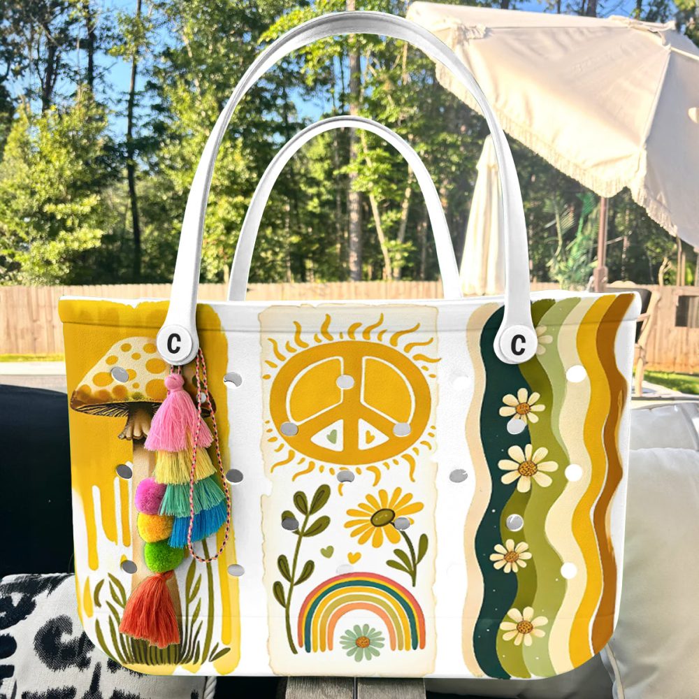 Retro Boho Chic Tote Bag - Peace, Love & Sunflower Design - Durable & Stylish For Everyday Use - Image 5