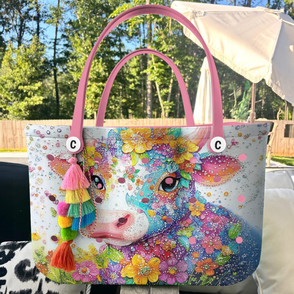 Bucket Tote Bag, Limited Edition Bogg Bag, Beach Bag Floral Bovine - Image 5