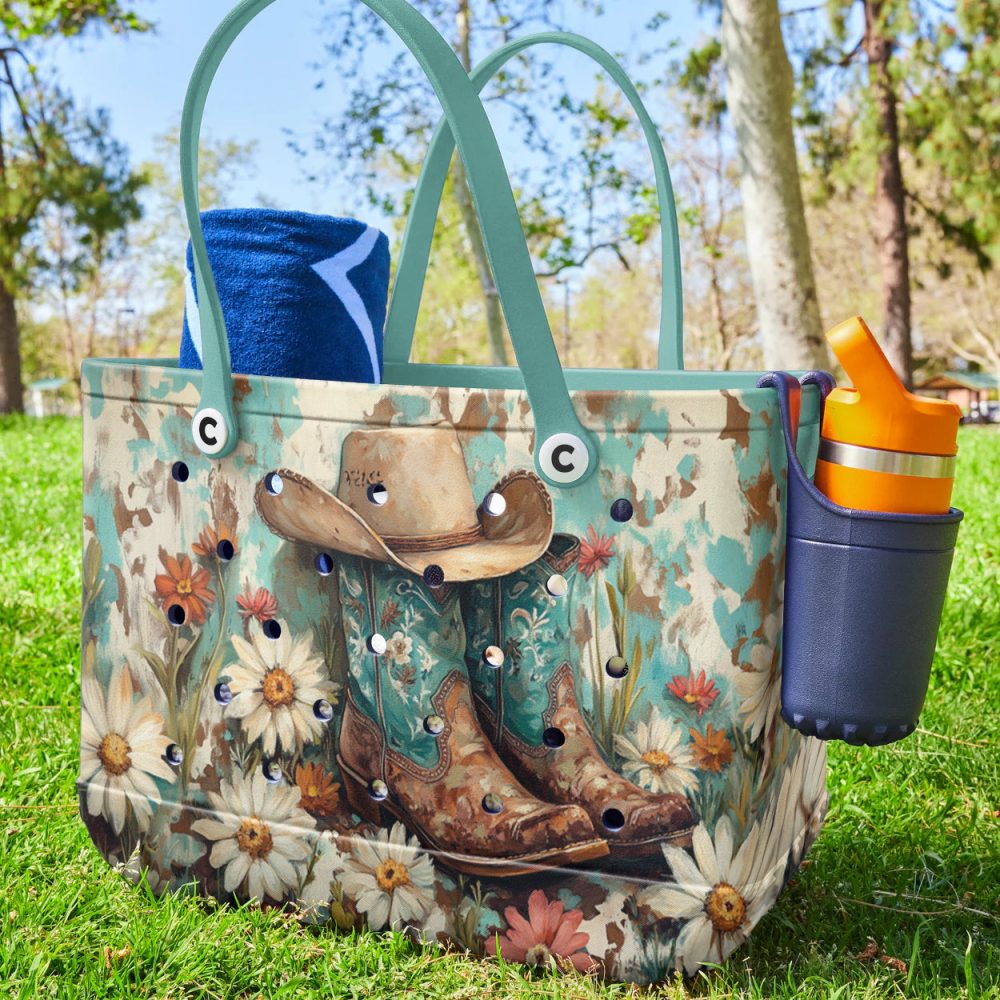 Vintage Western Tote Bag With Floral Cowboy Boots & Hat Design - Perfect For Country Style Lovers - Image 6