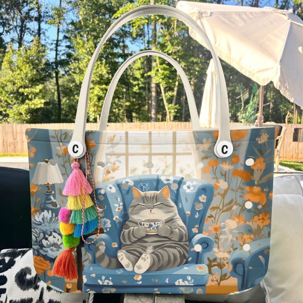 Bucket Tote Bag, Limited Edition Bogg Bag, Beach Bag Purrfect Tea Time - Image 3