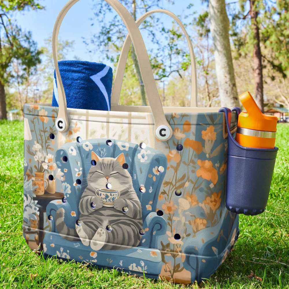 Bucket Tote Bag, Limited Edition Bogg Bag, Beach Bag Purrfect Tea Time - Image 4