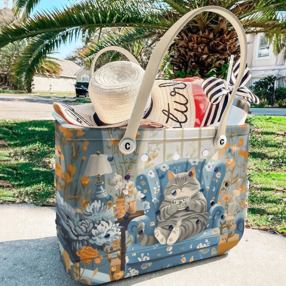 Bucket Tote Bag, Limited Edition Bogg Bag, Beach Bag Purrfect Tea Time - Image 5