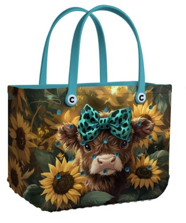 Chic Sunflower Cow Tote Bag - Cute Animal Print With Blue Bow - Perfect For Everyday Use