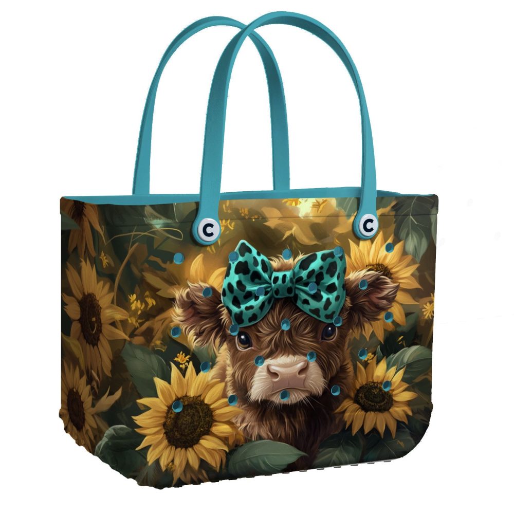 Chic Sunflower Cow Tote Bag - Cute Animal Print With Blue Bow - Perfect For Everyday Use