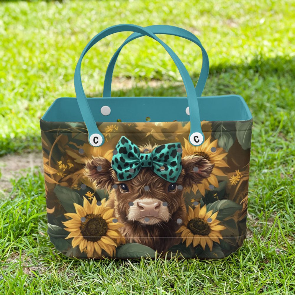 Chic Sunflower Cow Tote Bag - Cute Animal Print With Blue Bow - Perfect For Everyday Use - Image 4
