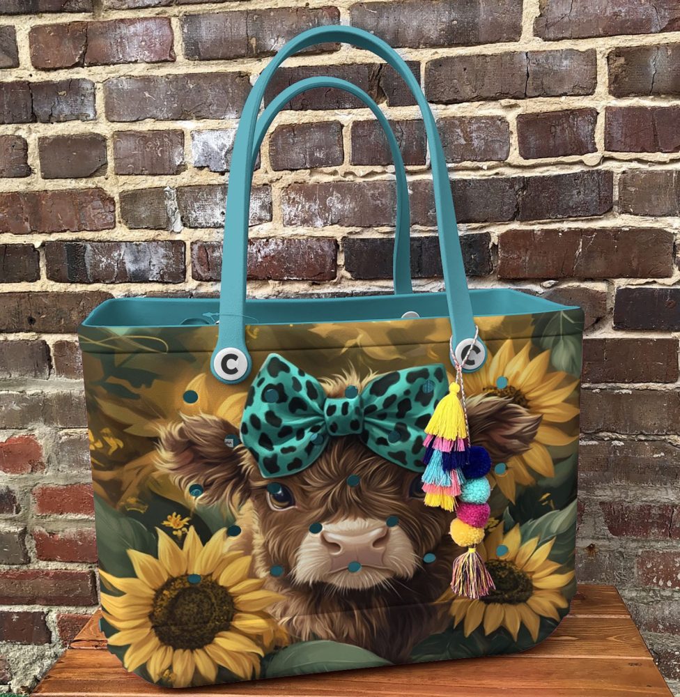 Chic Sunflower Cow Tote Bag - Cute Animal Print With Blue Bow - Perfect For Everyday Use - Image 3