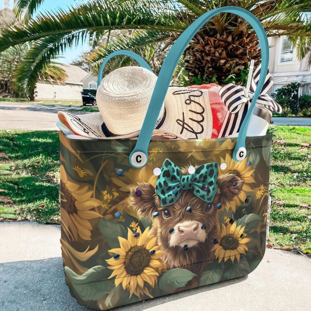 Chic Sunflower Cow Tote Bag - Cute Animal Print With Blue Bow - Perfect For Everyday Use - Image 5
