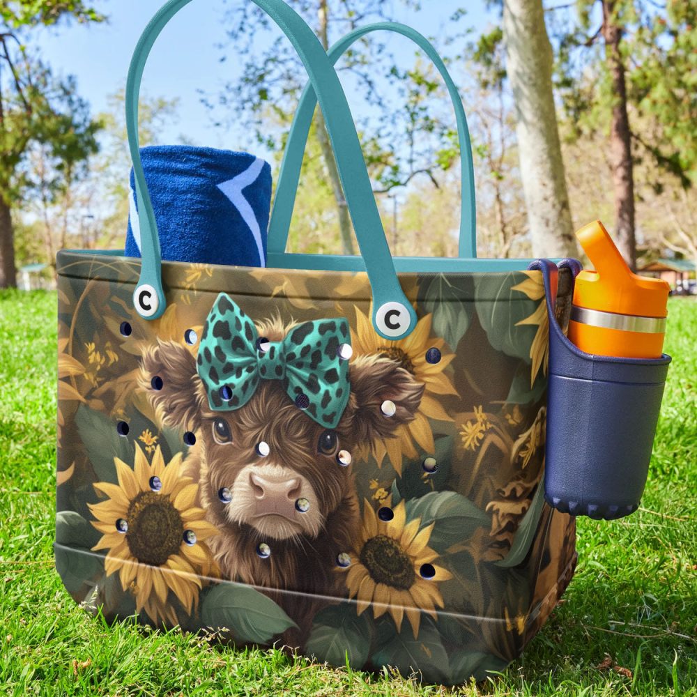 Chic Sunflower Cow Tote Bag - Cute Animal Print With Blue Bow - Perfect For Everyday Use - Image 6