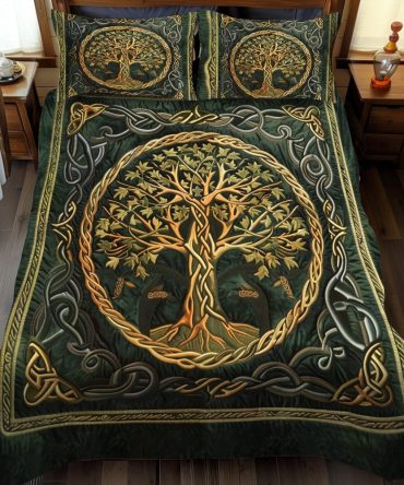 Golden Celtic Tree Of Life 3-Piece Quilted Bedding Set