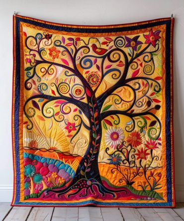 Colorful Tree Of Life Art Quilted Blanket