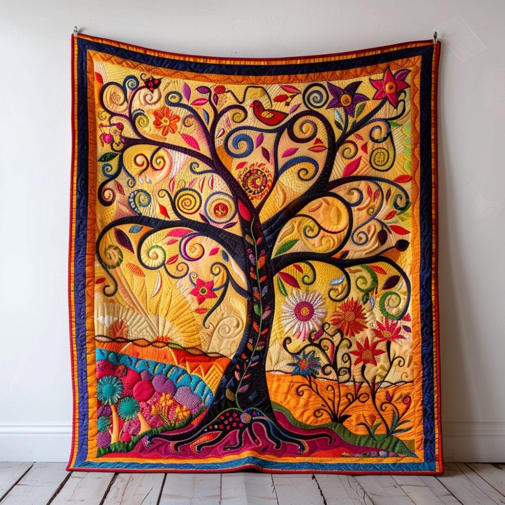 Colorful Tree Of Life Art Quilted Blanket