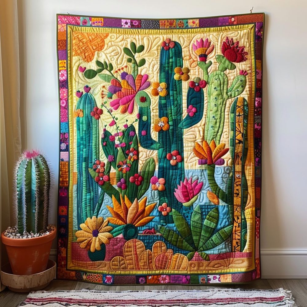 Flowering Cactus Quilted Blanket