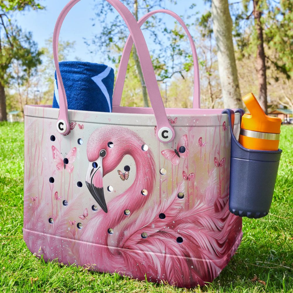 Bucket Tote Bag, Limited Edition Bogg Bag, Beach Bag Pink Feather - Image 6