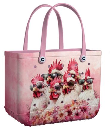 Chic Chicken Tote Bag – Fun Pink Design With Sunglass-Wearing Hens, Perfect For Shopping & Beach Trips!