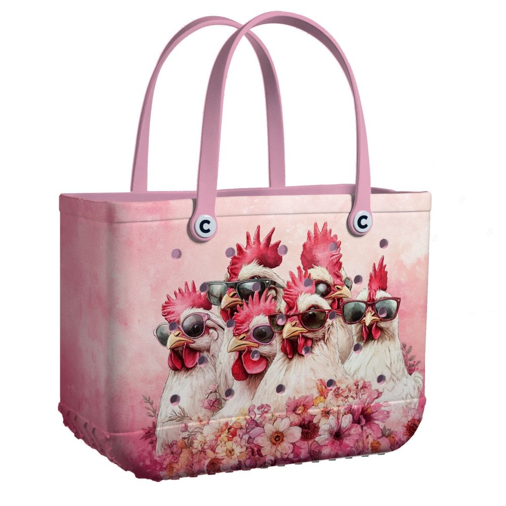 Chic Chicken Tote Bag – Fun Pink Design With Sunglass-Wearing Hens, Perfect For Shopping & Beach Trips!