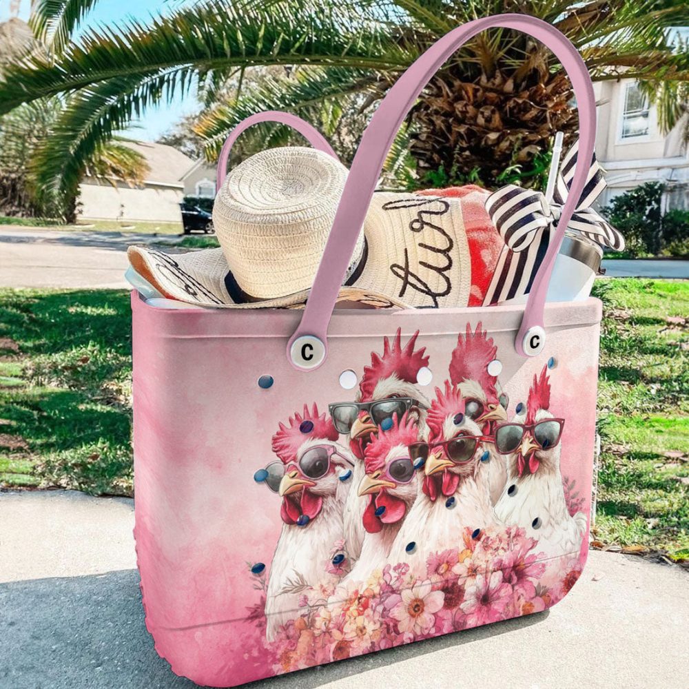 Chic Chicken Tote Bag – Fun Pink Design With Sunglass-Wearing Hens, Perfect For Shopping & Beach Trips! - Image 4