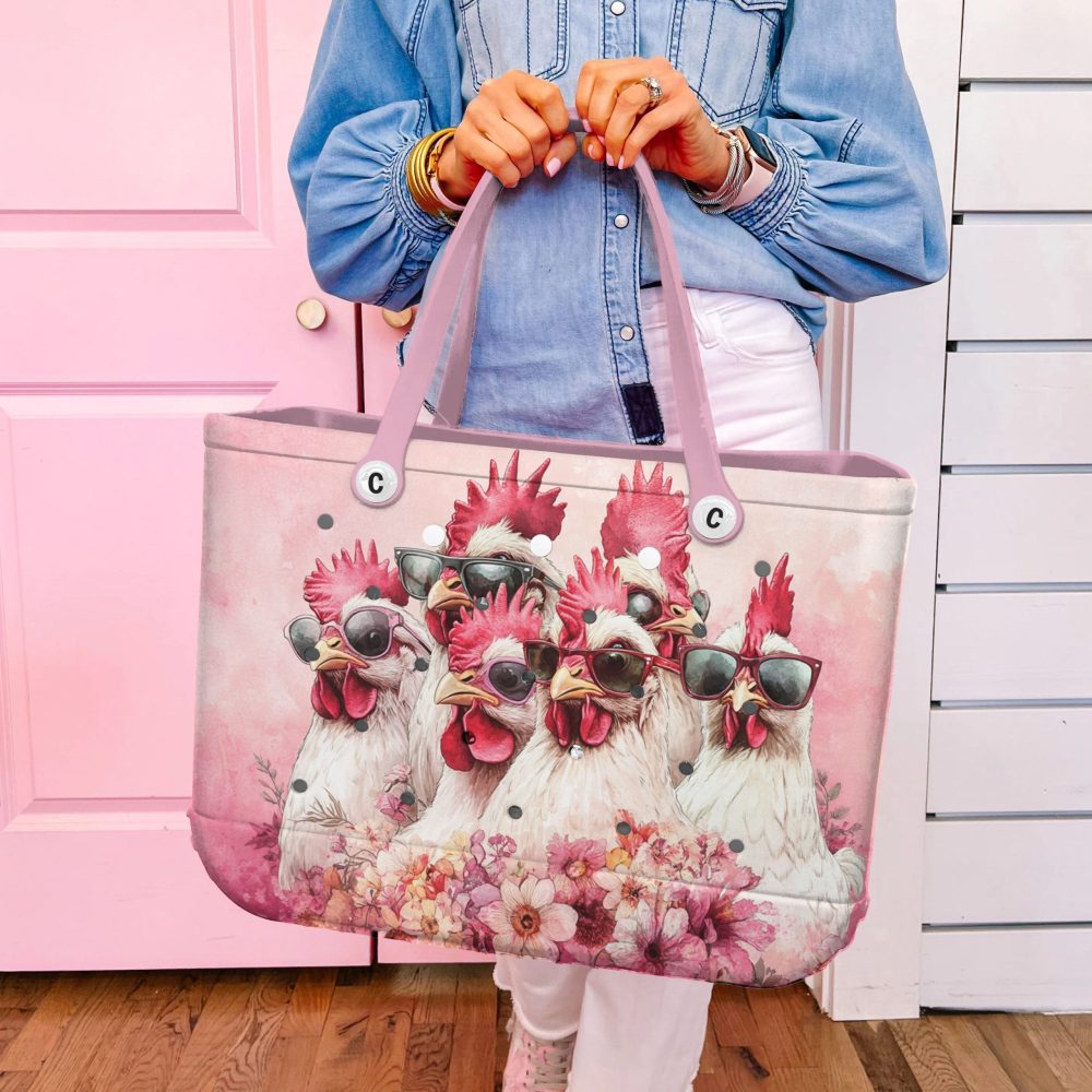 Chic Chicken Tote Bag – Fun Pink Design With Sunglass-Wearing Hens, Perfect For Shopping & Beach Trips! - Image 2