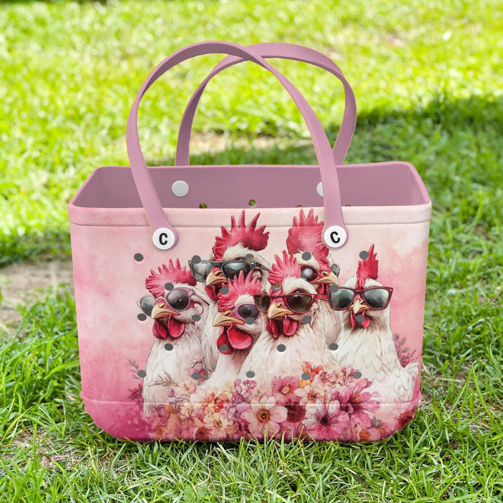 Chic Chicken Tote Bag – Fun Pink Design With Sunglass-Wearing Hens, Perfect For Shopping & Beach Trips! - Image 3