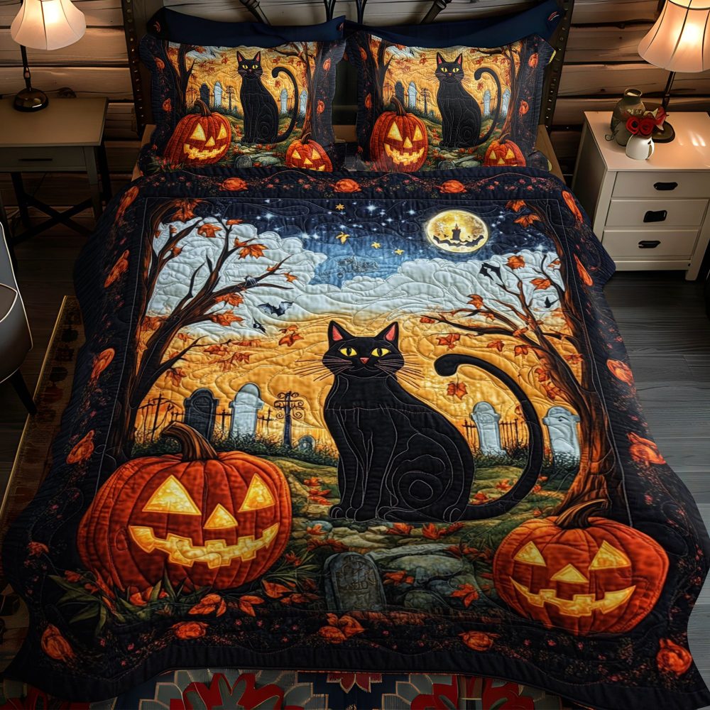 Spook-Tacular Black Cat 3-Piece Quilted Bedding Set