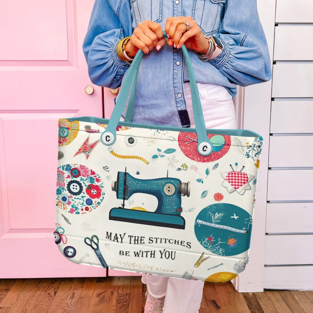 Quirky Sewing Machine Tote Bag – 'May The Stitches Be With You' Design – Perfect Craft Lover Gift - Image 2