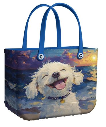 Joyful Dog Art Tote Bag – Vibrant Ocean Sunset Design, Perfect For Pet Lovers