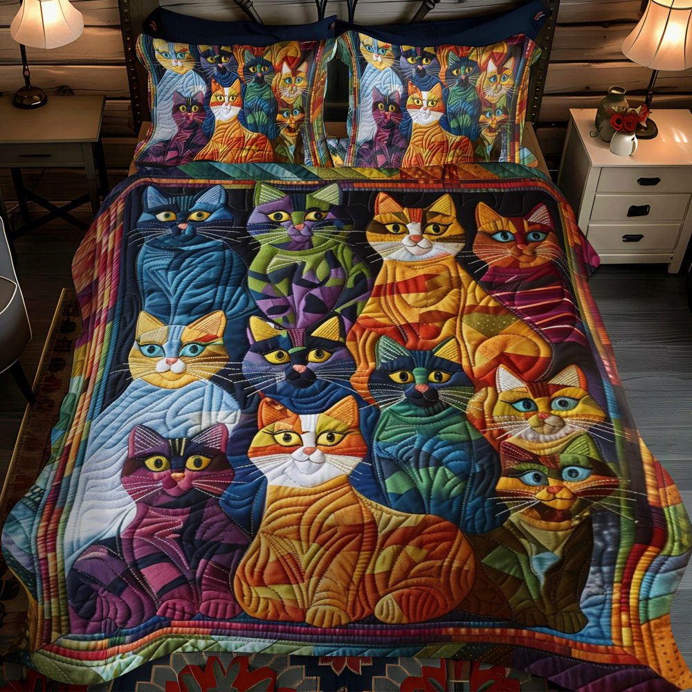 Whimsical Cat 3-Piece Quilted Bedding Set - Image 2