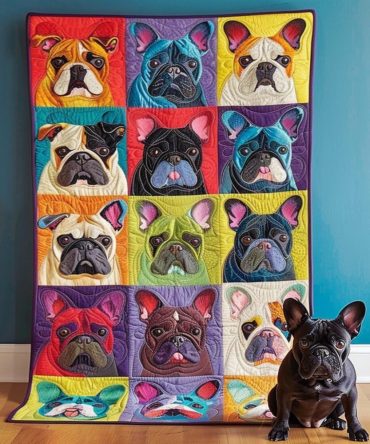 Colorful French Bulldog Quilted Blanket