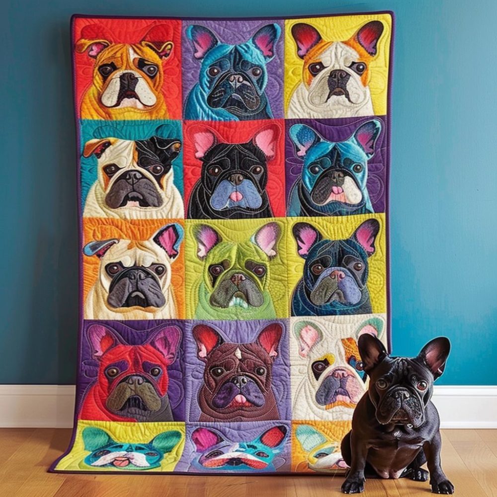 Colorful French Bulldog Quilted Blanket