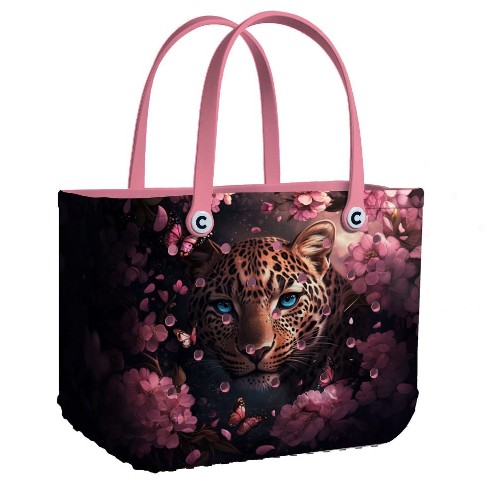 Stylish Leopard & Floral Tote Bag – Durable, Chic Design With Pink Handles For Everyday Use