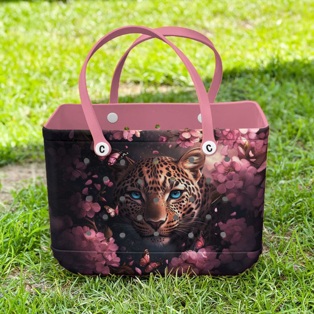 Stylish Leopard & Floral Tote Bag – Durable, Chic Design With Pink Handles For Everyday Use - Image 2