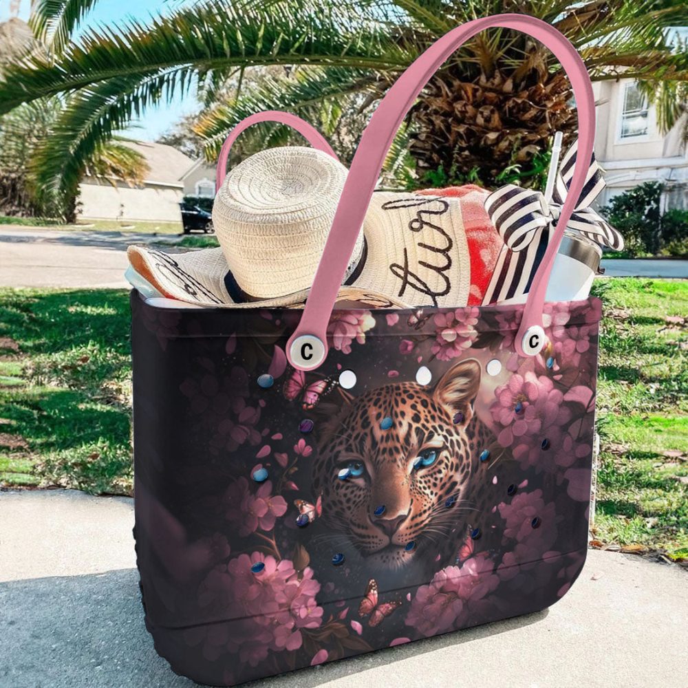 Stylish Leopard & Floral Tote Bag – Durable, Chic Design With Pink Handles For Everyday Use - Image 4