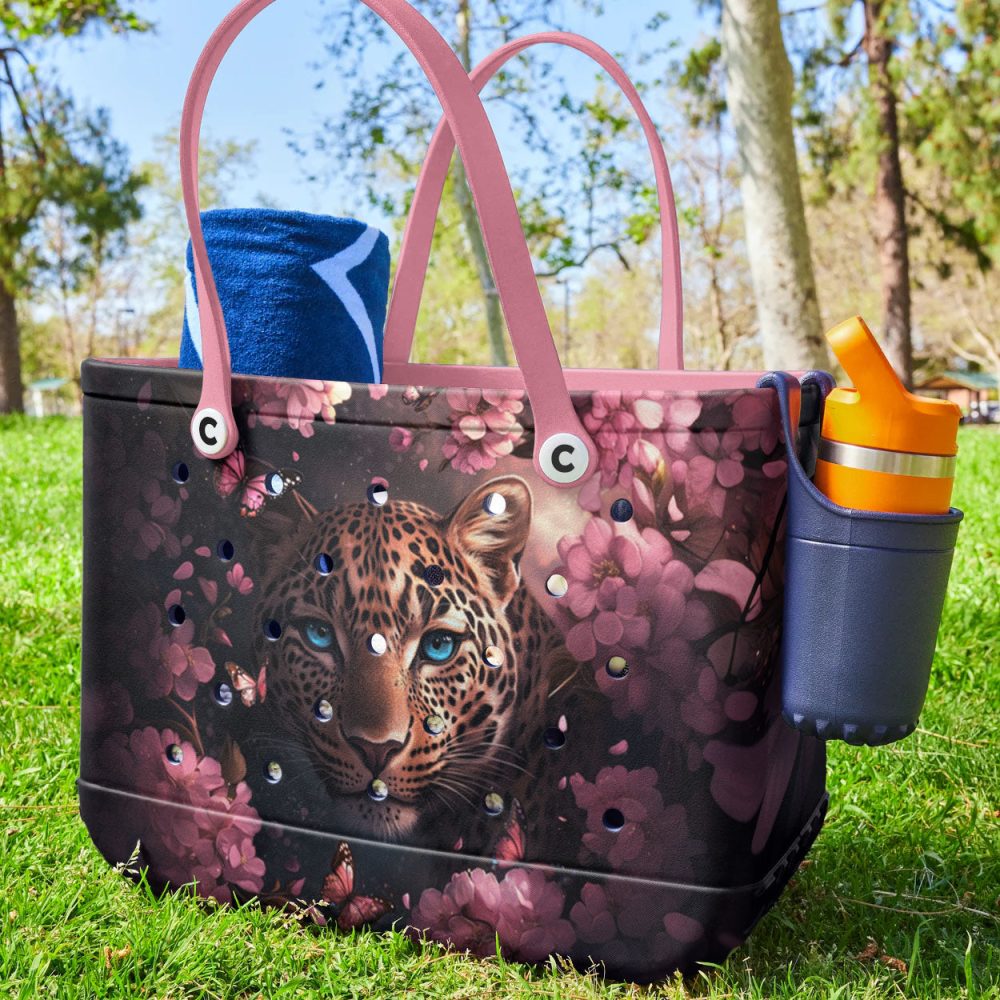 Stylish Leopard & Floral Tote Bag – Durable, Chic Design With Pink Handles For Everyday Use - Image 3