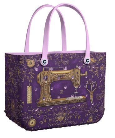 Vintage Sewing Machine Tote Bag - Chic Purple & Gold Design With Handles For Craft Lovers