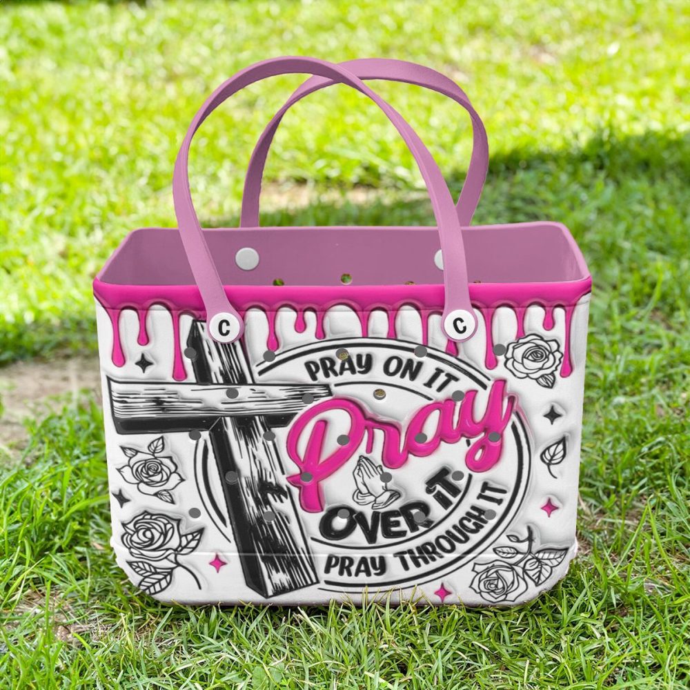 Stylish Pink & White Tote Bag With Inspirational 'Pray On It' Design – Perfect For Everyday Use! - Image 3
