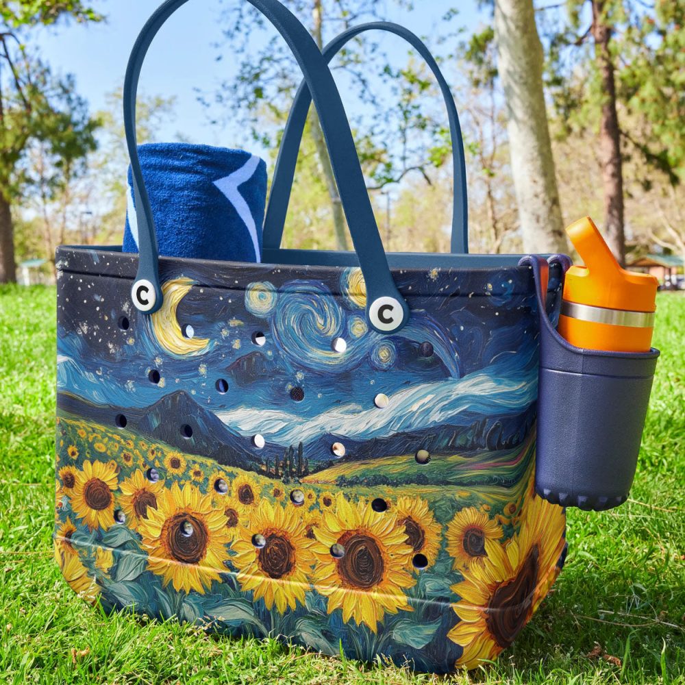 Bucket Tote Bag, Limited Edition Bogg Bag, Beach Bag Starry Night Sunflower - Image 3