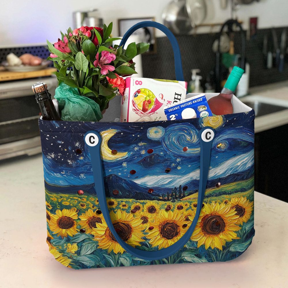 Bucket Tote Bag, Limited Edition Bogg Bag, Beach Bag Starry Night Sunflower - Image 4