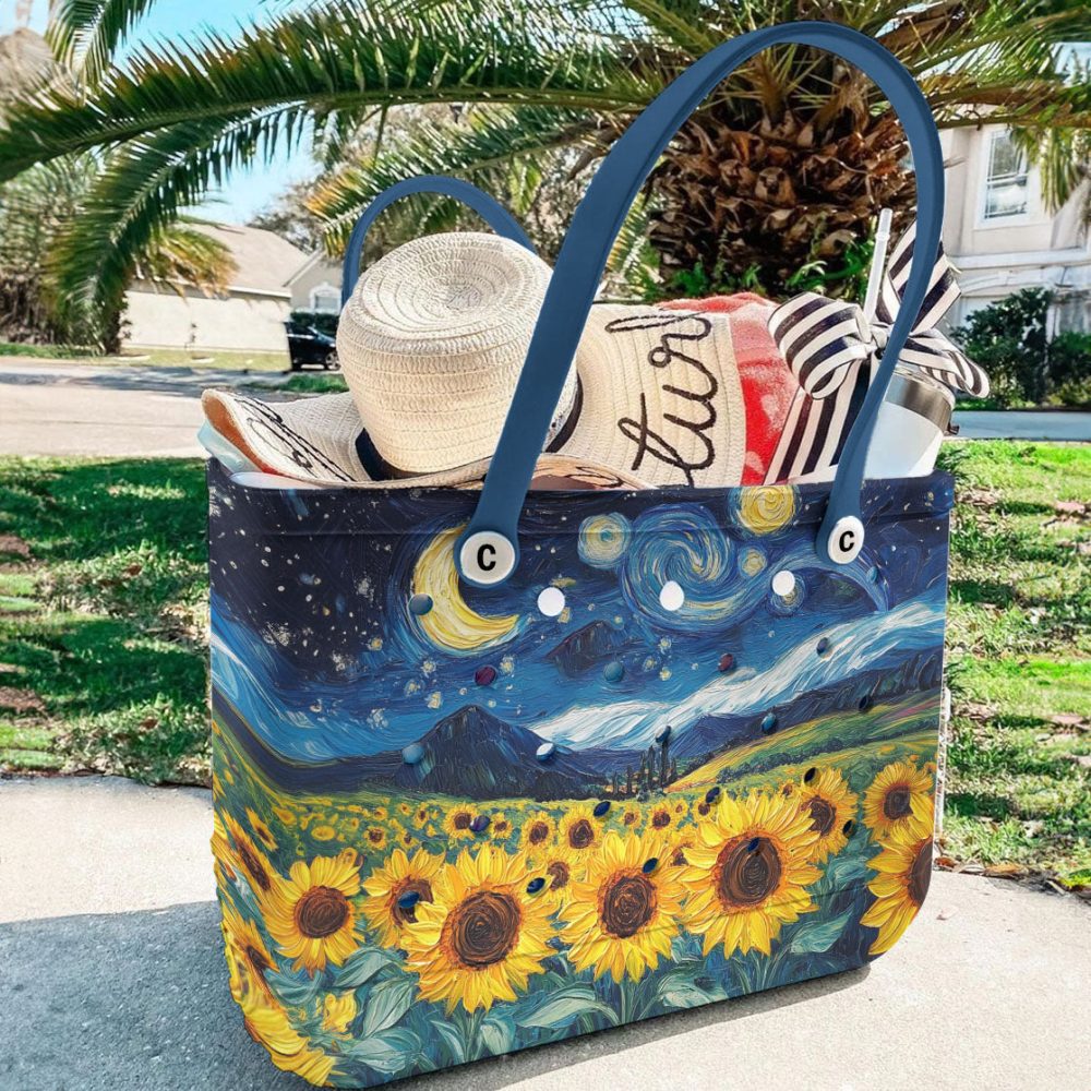 Bucket Tote Bag, Limited Edition Bogg Bag, Beach Bag Starry Night Sunflower - Image 5