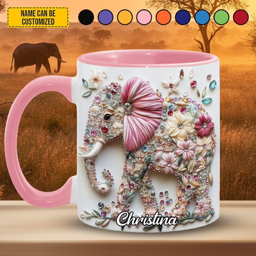 Personalized Floral Elephant Accent Mug