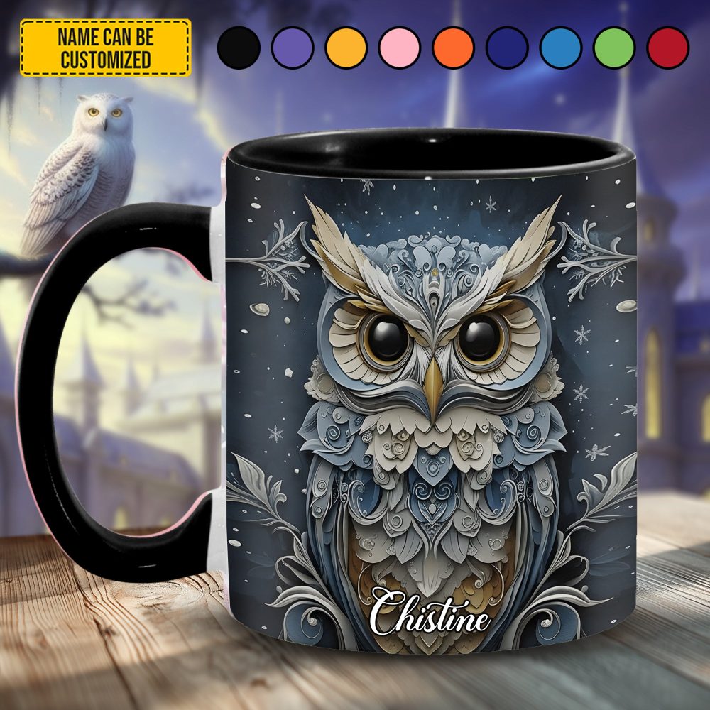 Snowflake Winter Owl - Personalized Owl Accent Mug - Image 2