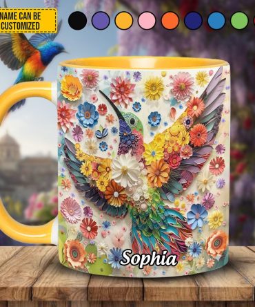 Personalized Colorful Flowers Hummingbird Accent Mug